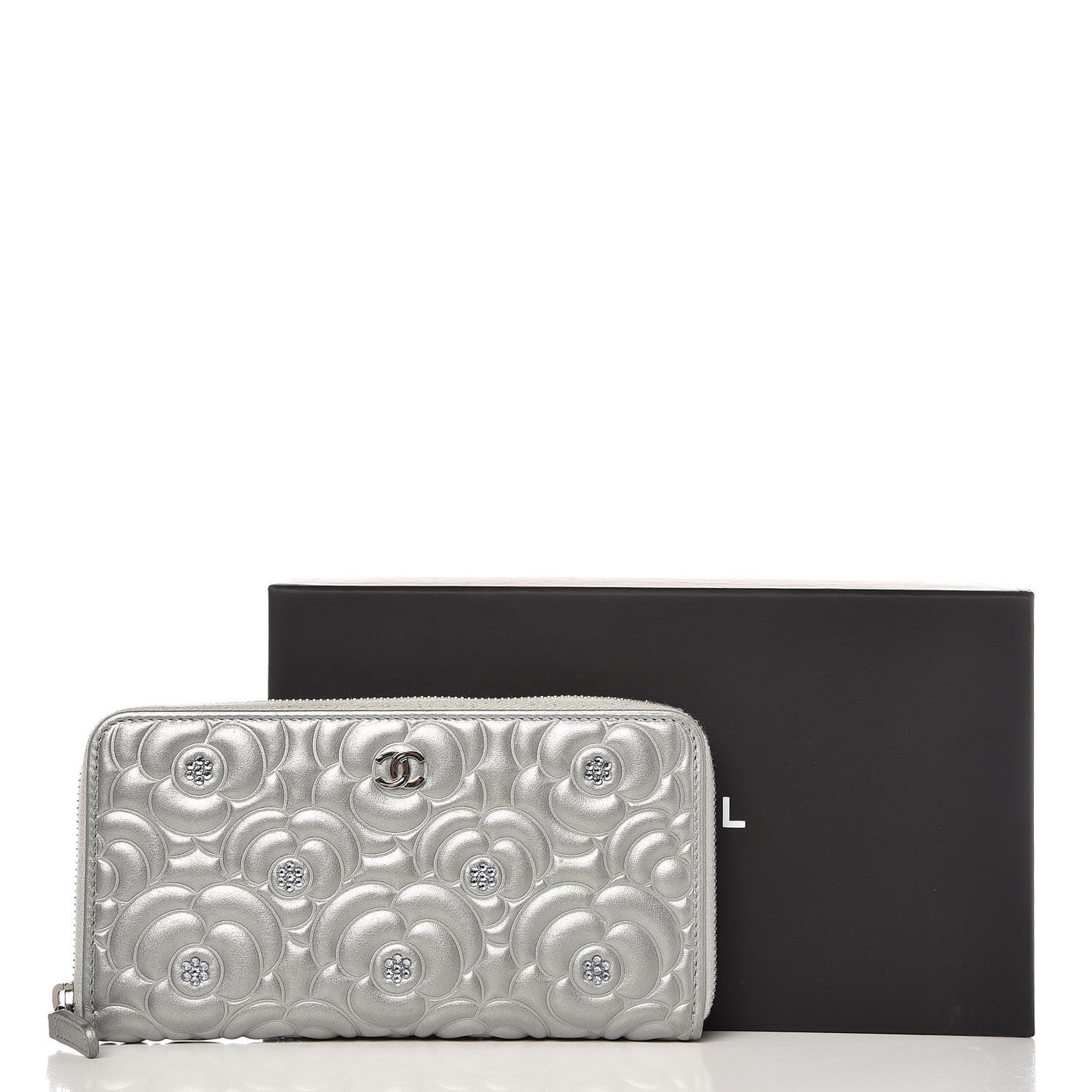 Metallic Calfskin Diamante Camellia Zip Around Wallet Silver