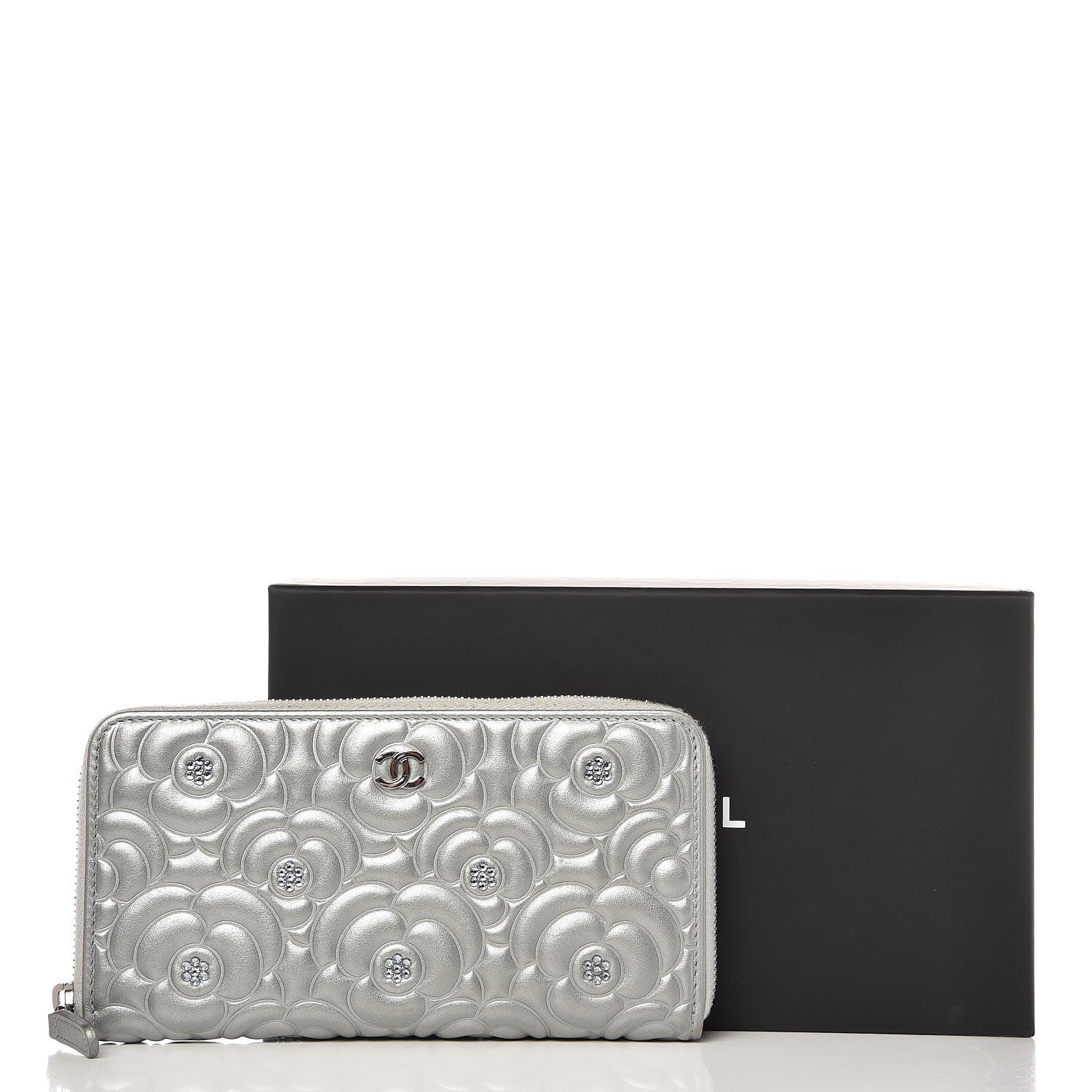 Chanel Metallic Calfskin Diamante Camellia Zip Around Wallet Silver 9 of 9