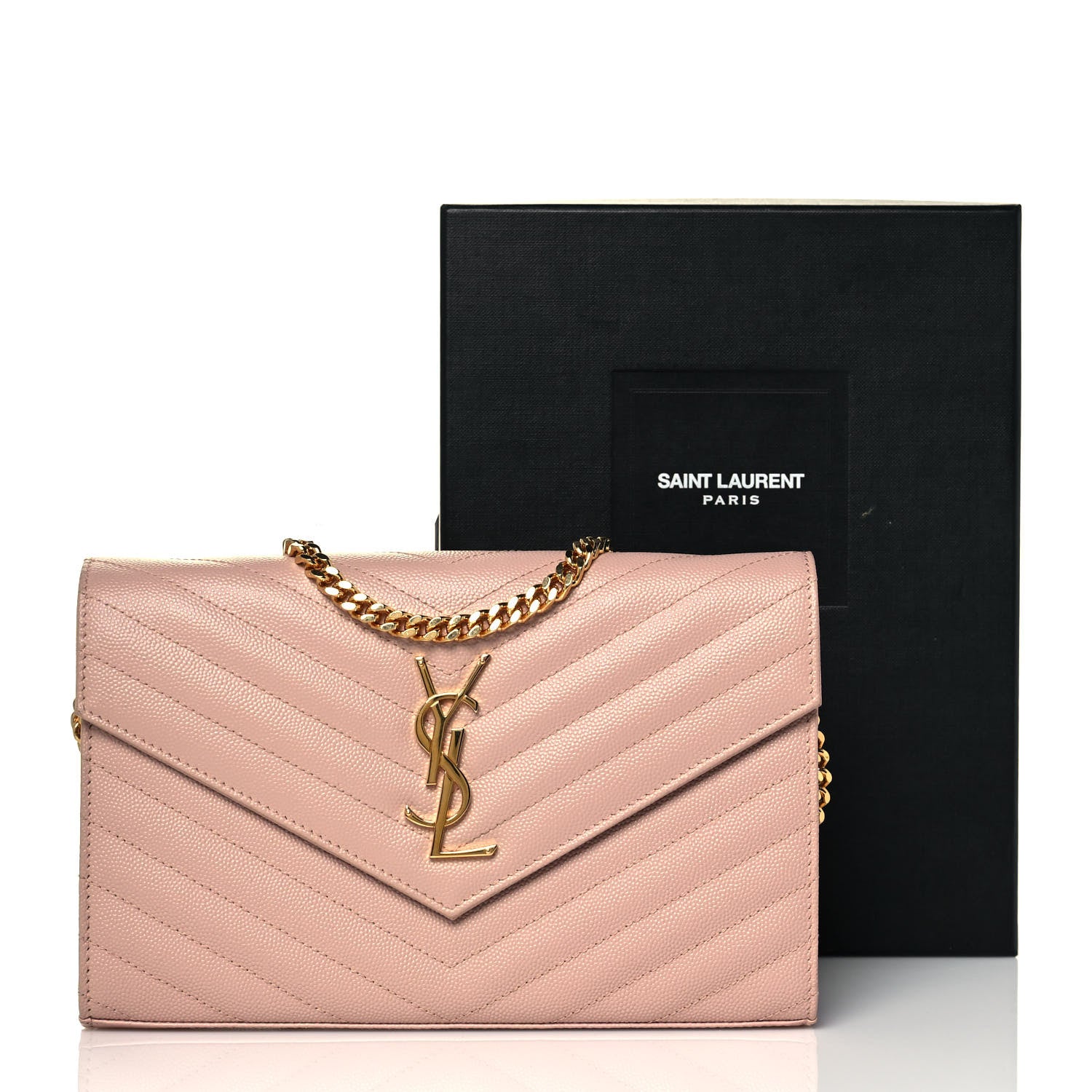 Saint Laurent Grain De Poudre Matelasse Chevron Monogram Chain Wallet Pale Pink 13 of 13