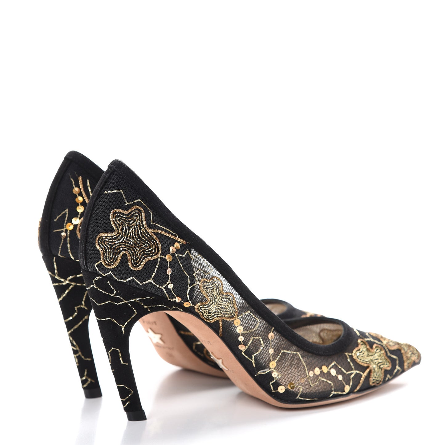 Suede Mesh Clover Embroidered D-Choc Pumps 36 Black Gold