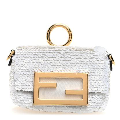 Fendi Sequin Paillettes Shiny Nappa Sex and the City Nano Maxi Buckle Baguette Charm White 1 of 7