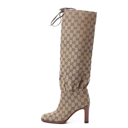 Gucci Monogram Lisa Mid Heel Boots 37.5 Beige Ebony 1 of 9