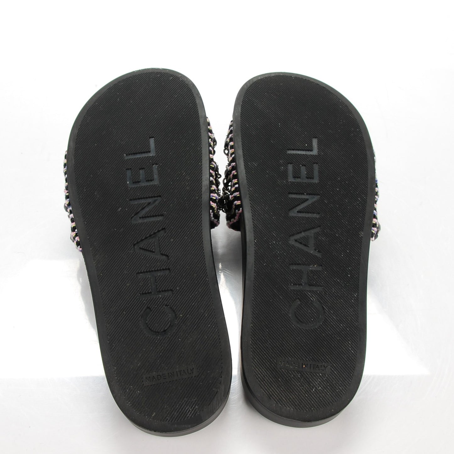 Tweed Lambskin Chain Flat Sandals 37 Black Multicolor