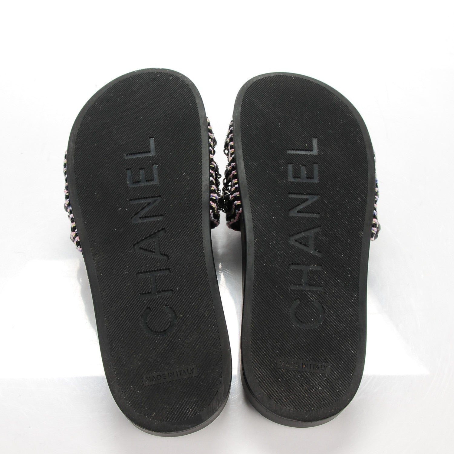 Chanel Tweed Lambskin Chain Flat Sandals 37 Black Multicolor 5 of 9