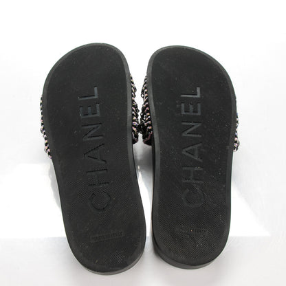 Chanel Tweed Lambskin Chain Flat Sandals 37 Black Multicolor 5 of 9