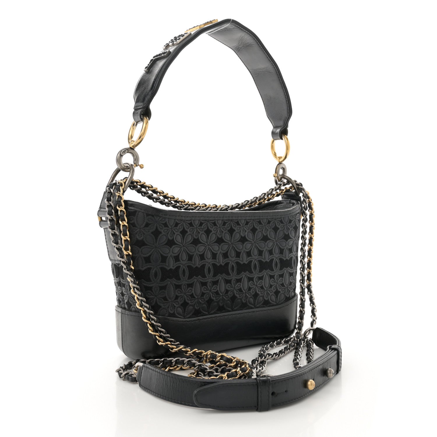 Chanel Calfskin Wool Felt Embossed Small Gabrielle Logo Hobo Black 3 of 14