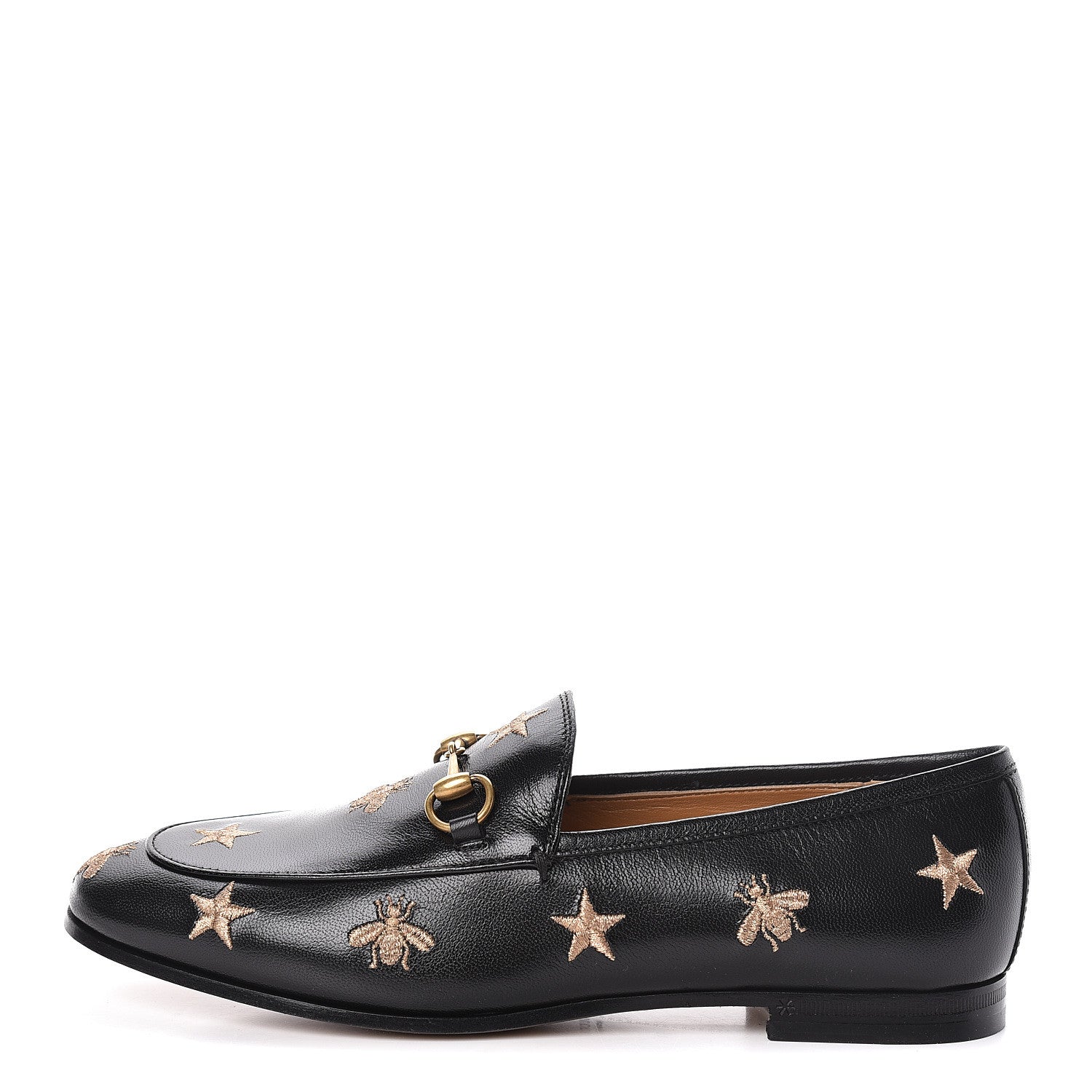 Gucci Goatskin Bee Star Embroidered Womens Jordaan Loafers 38 Black 1 of 9