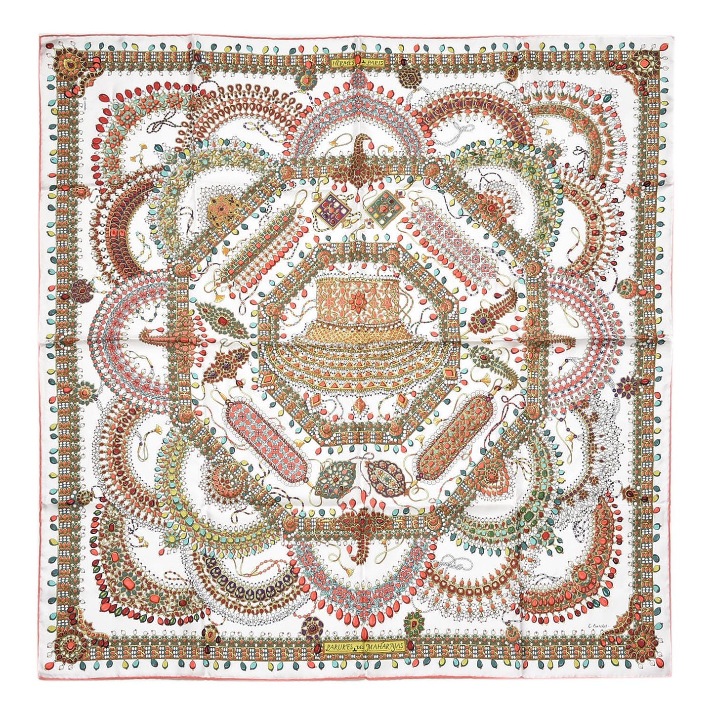 Silk Parures Des Maharajas Scarf 90 Blanc Corail Vert