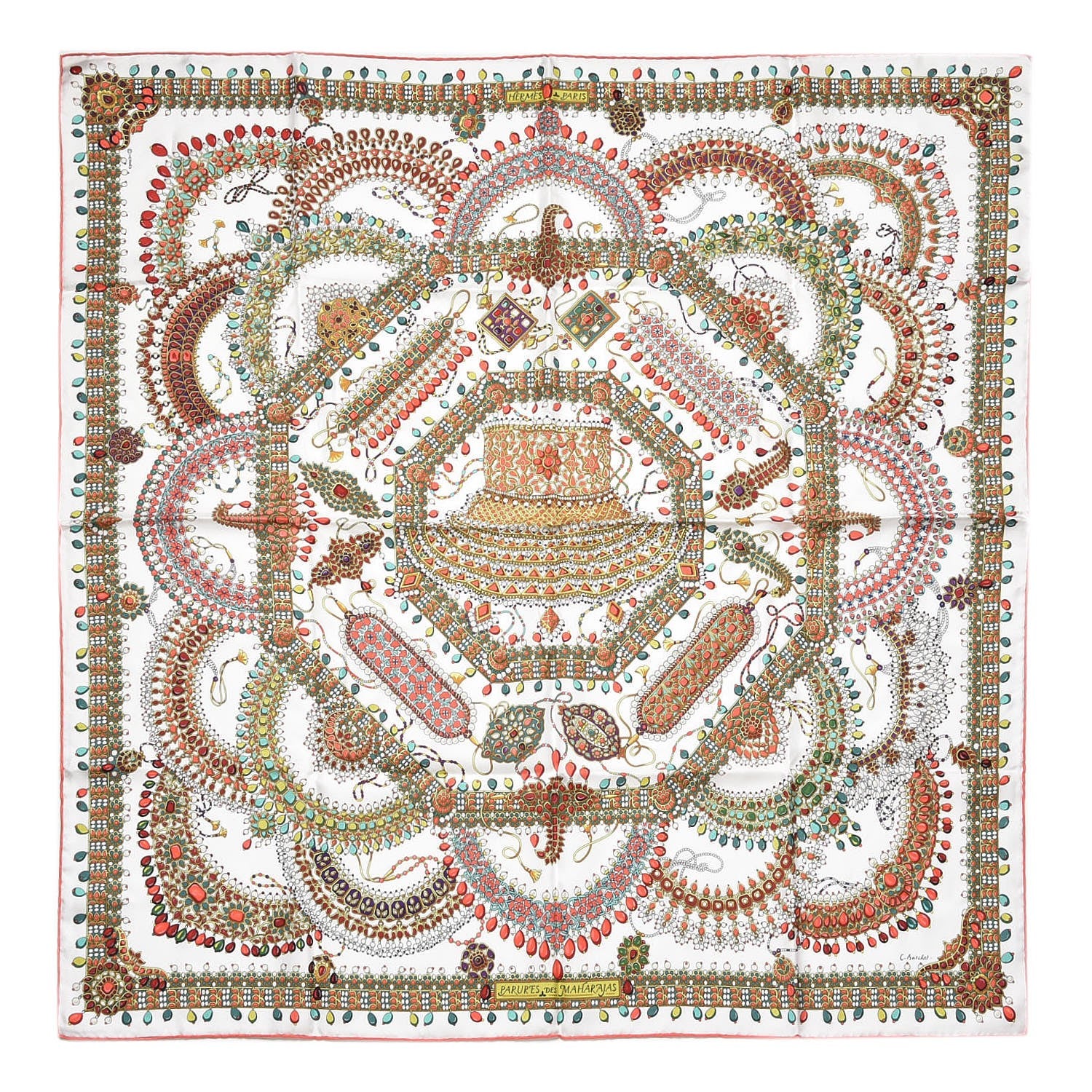 Hermes Silk Parures Des Maharajas Scarf 90 Blanc Corail Vert 1 of 8