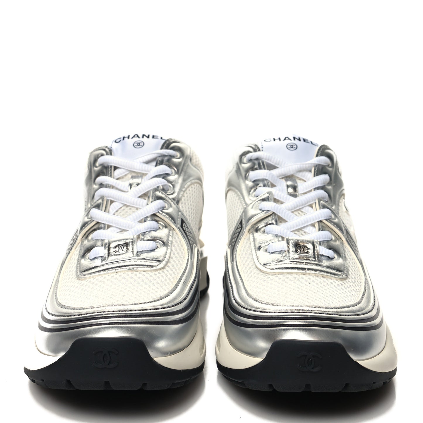 Fabric Laminated Calfskin Stretch CC Sneakers 38.5 White Silver
