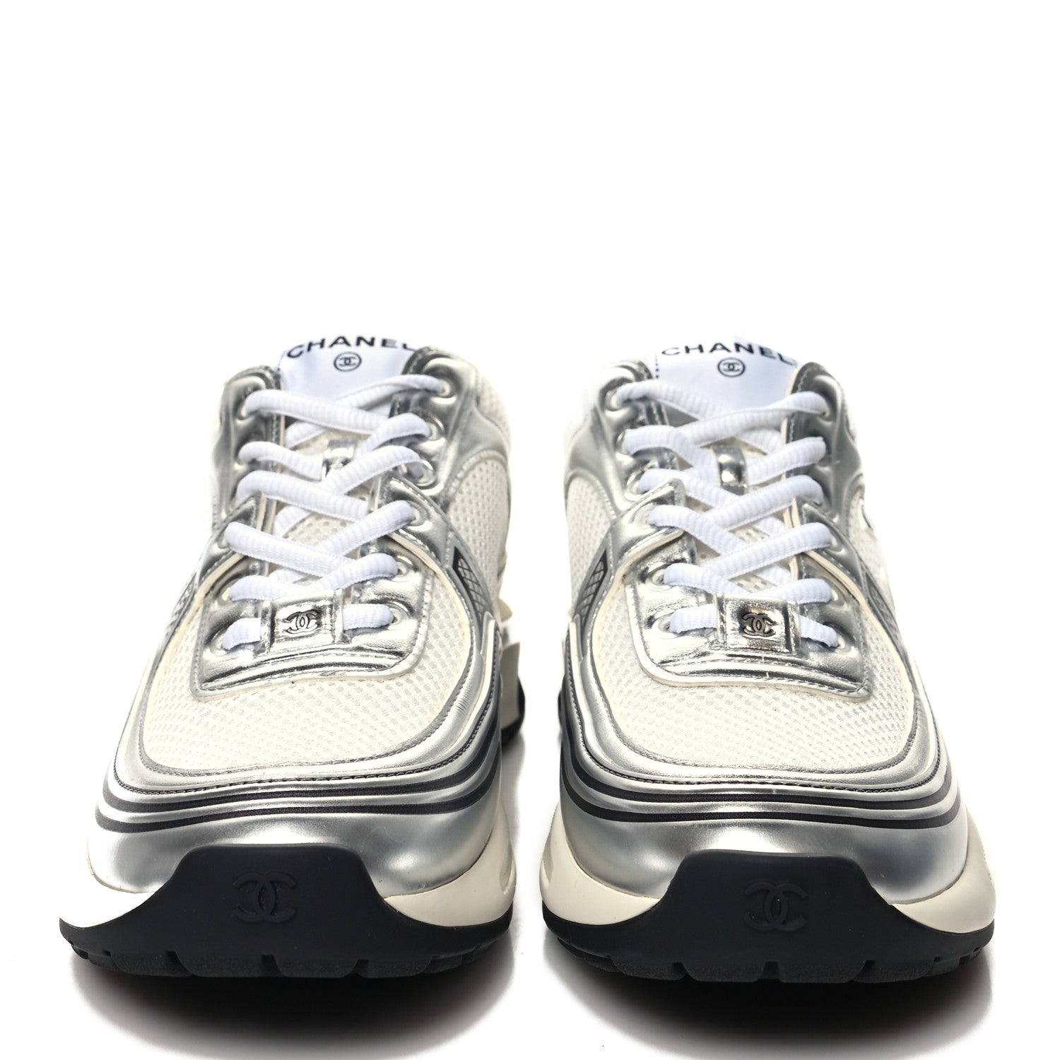 Chanel Fabric Laminated Calfskin Stretch CC Sneakers 38.5 White Silver 2 of 8