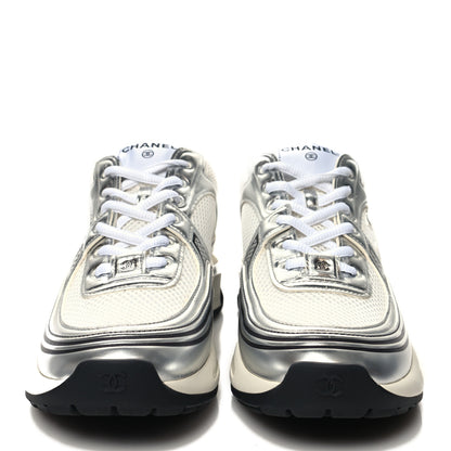 Chanel Fabric Laminated Calfskin Stretch CC Sneakers 38.5 White Silver 2 of 8