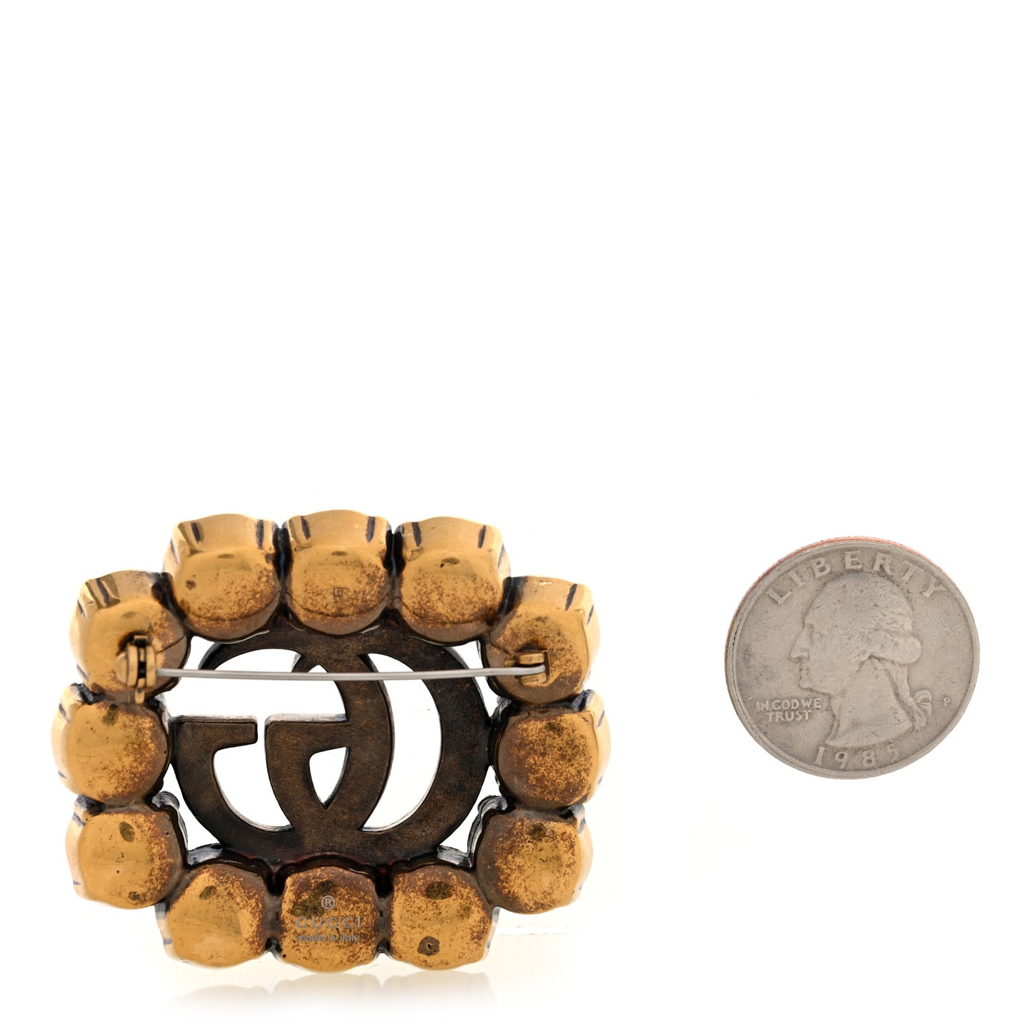 Metal Crystal Double G Brooch Aged Gold Green