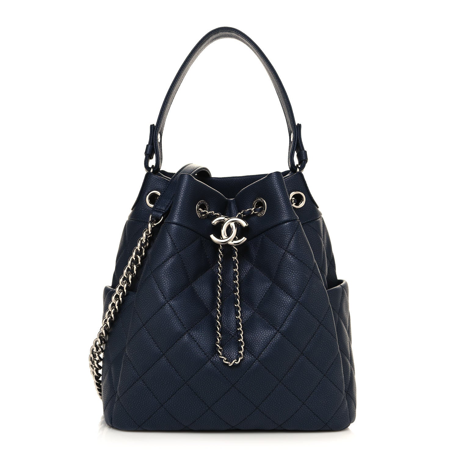 Chanel Grained Calfskin Quilted Medium CC Chain Bucket Drawstring Bag Blue 1 of 13