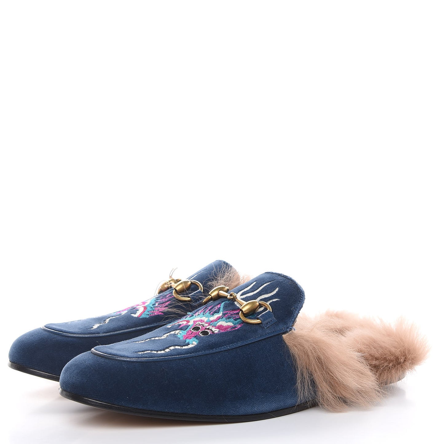 Velvet Fur Dragon Embroidered Mens Princetown Slippers 6 Zaffre Dark Zaffre