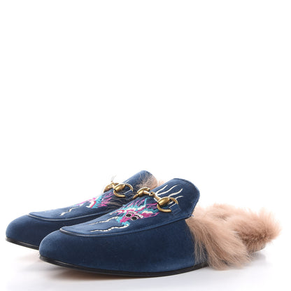 Gucci Velvet Fur Dragon Embroidered Mens Princetown Slippers 6 Zaffre Dark Zaffre 3 of 9