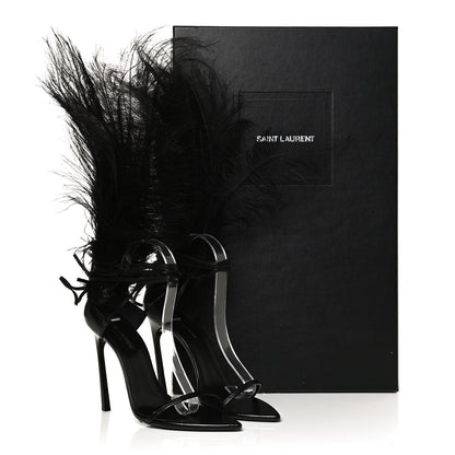 Saint Laurent Feather Embellished Calfskin Talitha Ankle-Wrap Sandals 39 Black 11 of 11