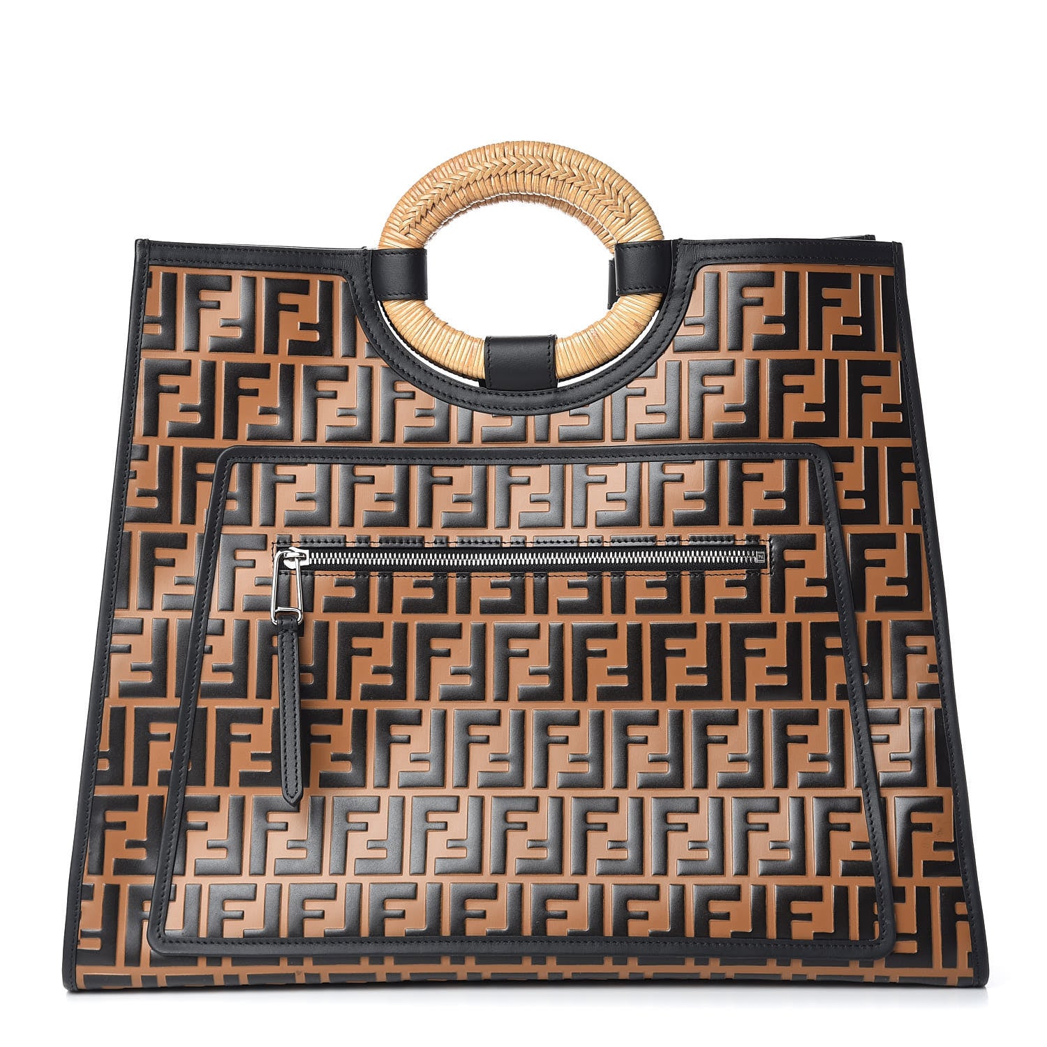 Fendi Vitello Century Wicker FF Embossed Large Runaway Shopper Tote Tobacco Black 1 of 10