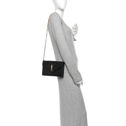 Saint Laurent Grain De Poudre Matelasse Chevron Monogram Chain Wallet Black 3 of 27