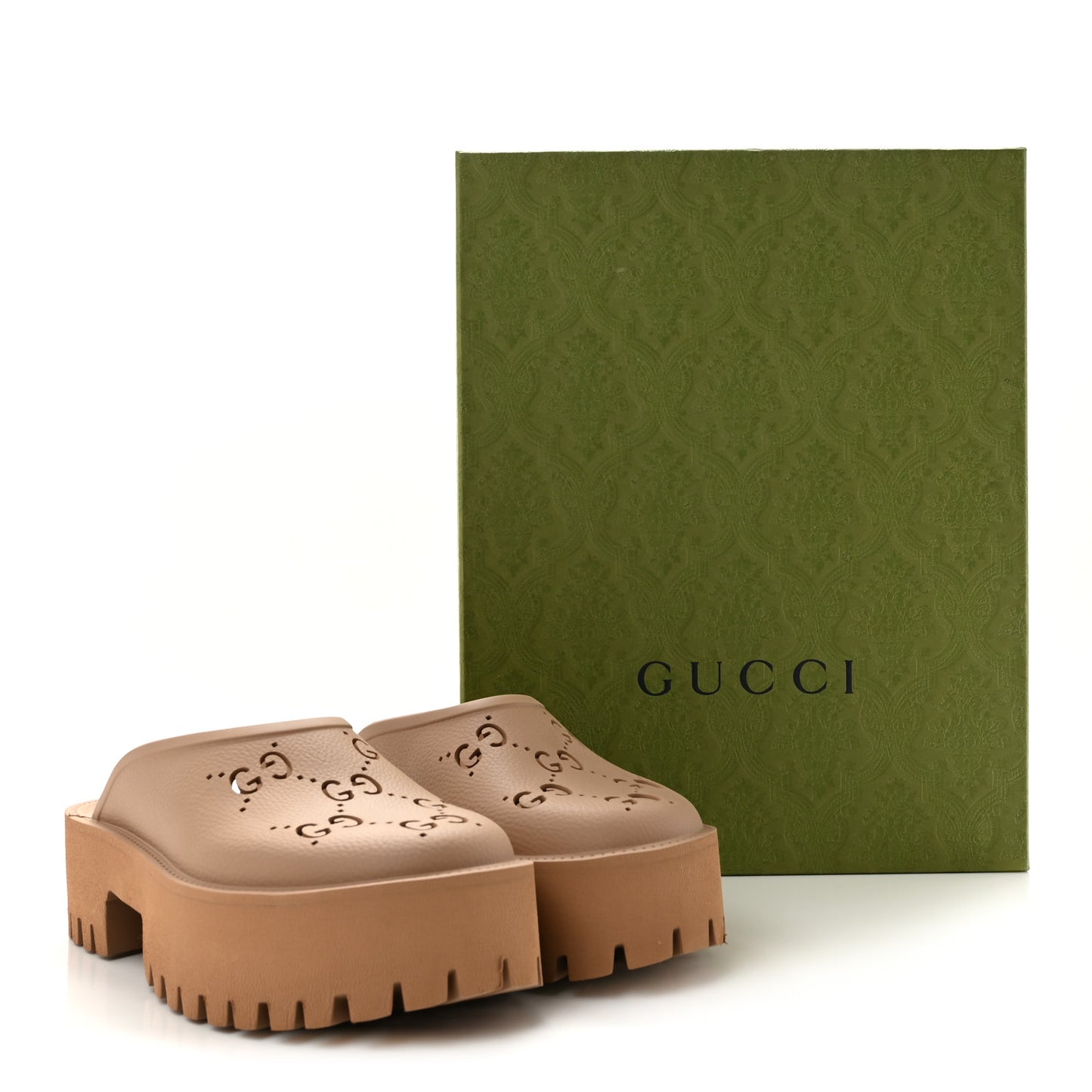 Rubber GG Monogram Perforated Elea Platform 55mm Lug Sole Sandals 39 Vintage Camel