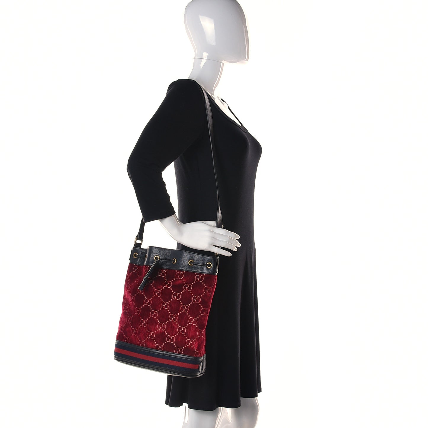 Velvet GG Monogram Textured Calfskin Web Bucket Bag Red Cipria Black