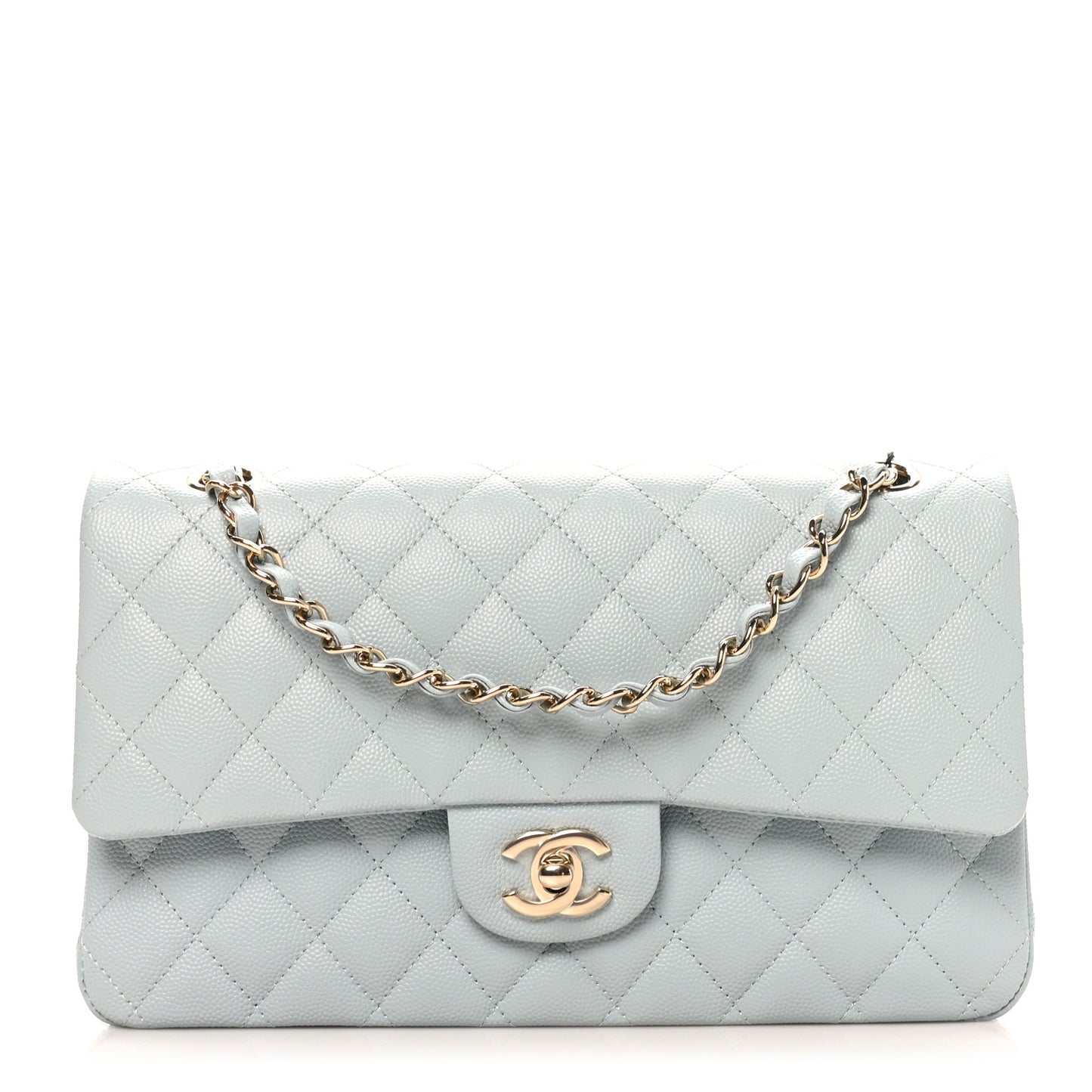 Caviar Quilted Medium Double Flap Light Blue