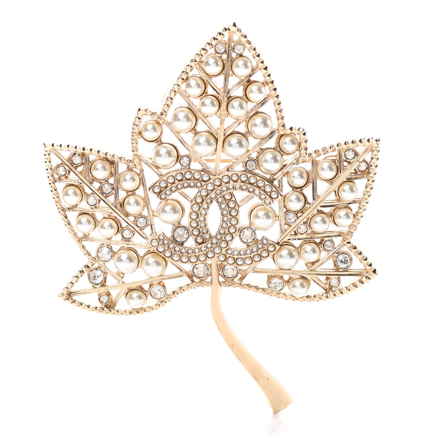 Pearl Crystal CC Leaf Brooch Gold
