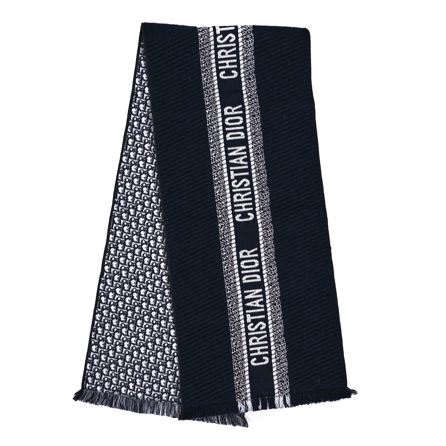 Christian Dior CHRISTIAN DIOR Wool Silk Oblique University Reversible Scarf Navy Blue 2 of 3