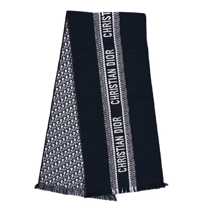 Christian Dior CHRISTIAN DIOR Wool Silk Oblique University Reversible Scarf Navy Blue 2 of 3