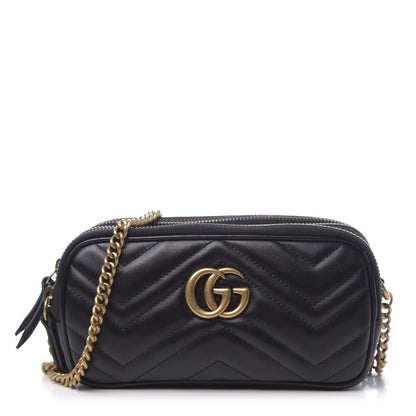 Gucci Calfskin Matelasse Mini GG Marmont Chain Crossbody Bag Black 1 of 12