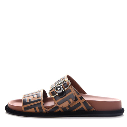 Fendi Calfskin FF Embossed Pearland Slide Sandals 37 Tobacco Moro 1 of 11