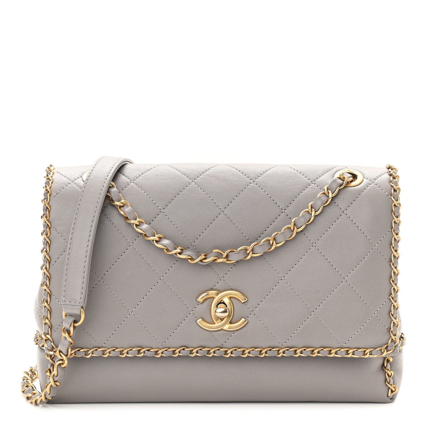 Calfskin Stitched Chain Flap Grey