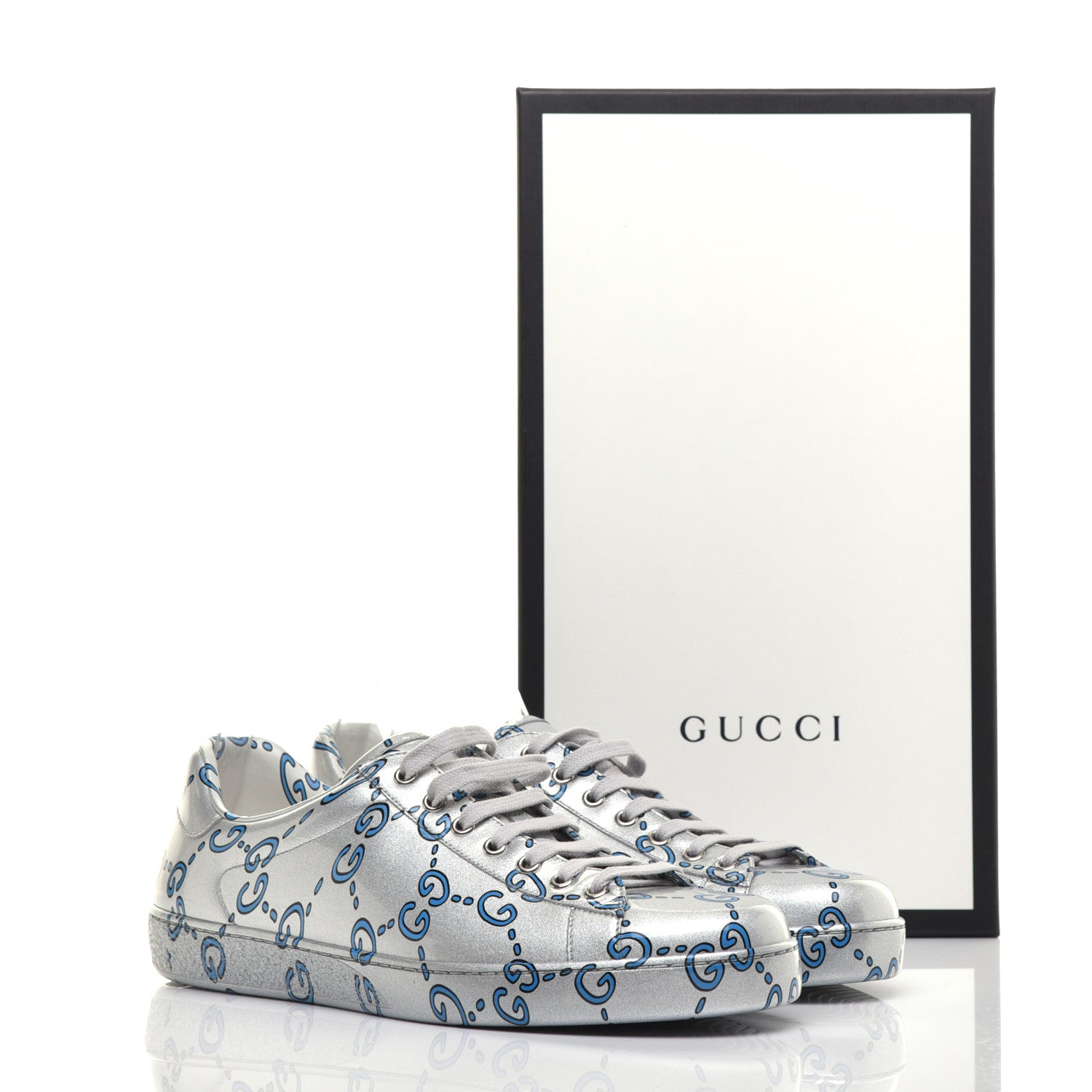 Gucci Miro Rubber Wax GucciGhost Print Mens New Ace Sneakers 9.5 Silver 9 of 11