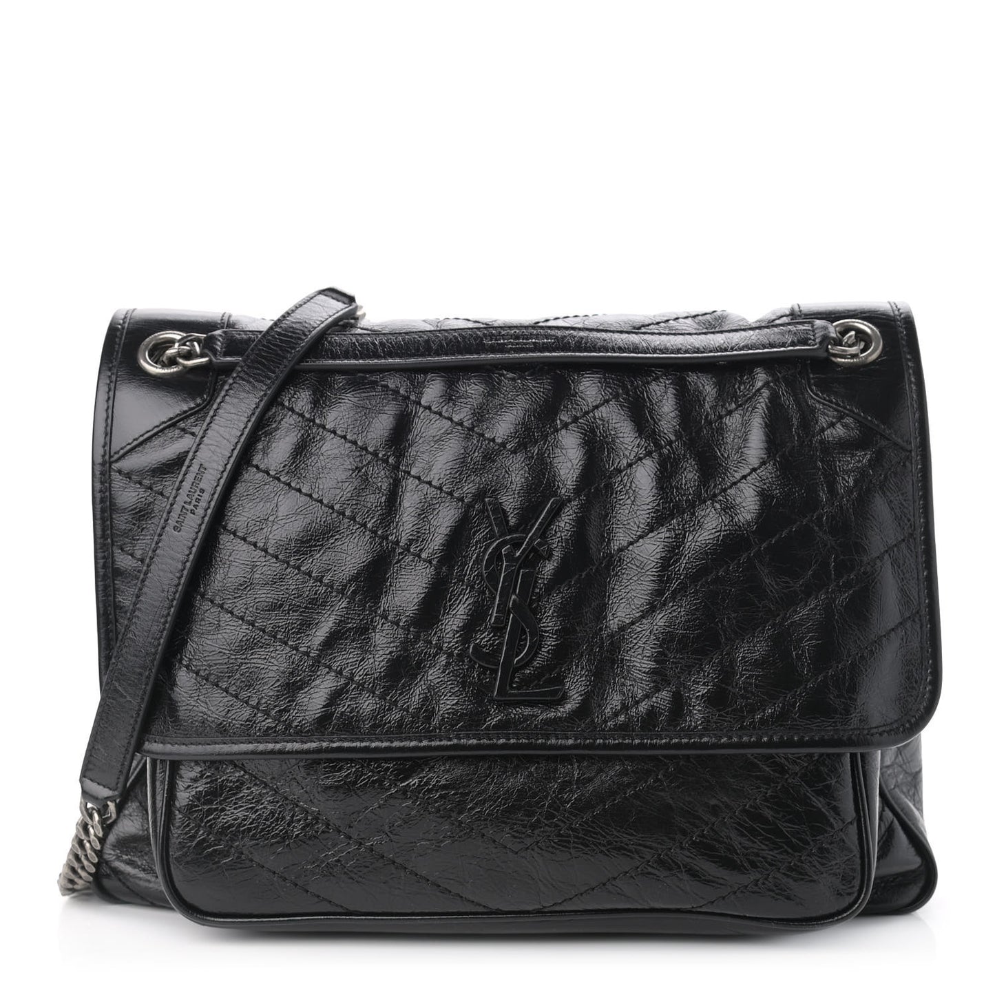 Crinkled Calfskin Matelasse Monogram Large Niki Chain Satchel Black
