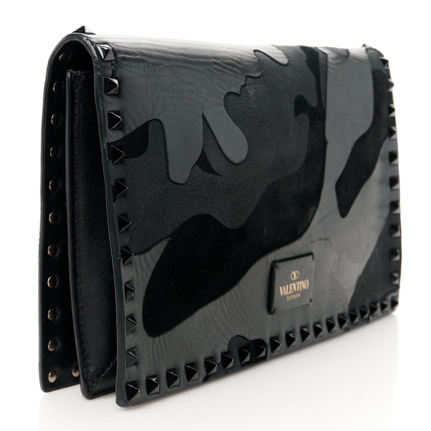 Nappa Canvas Camouflage Rockstud Wristlet Clutch Black