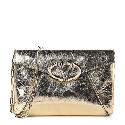 Valentino Garavani Metallic Wrinkled Lambskin V Rivet Chain Clutch Mekong 1 of 8
