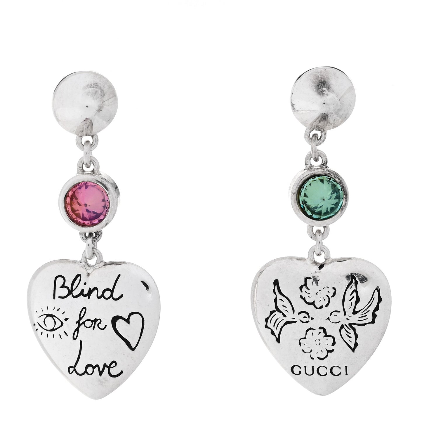 Sterling Silver Green Pink Cubic Zirconia Blind for Love Heart Earrings