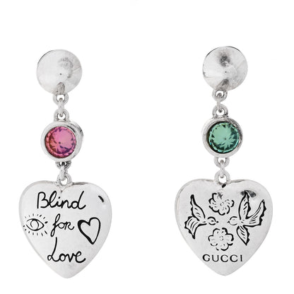 Gucci Sterling Silver Green Pink Cubic Zirconia Blind for Love Heart Earrings 1 of 5