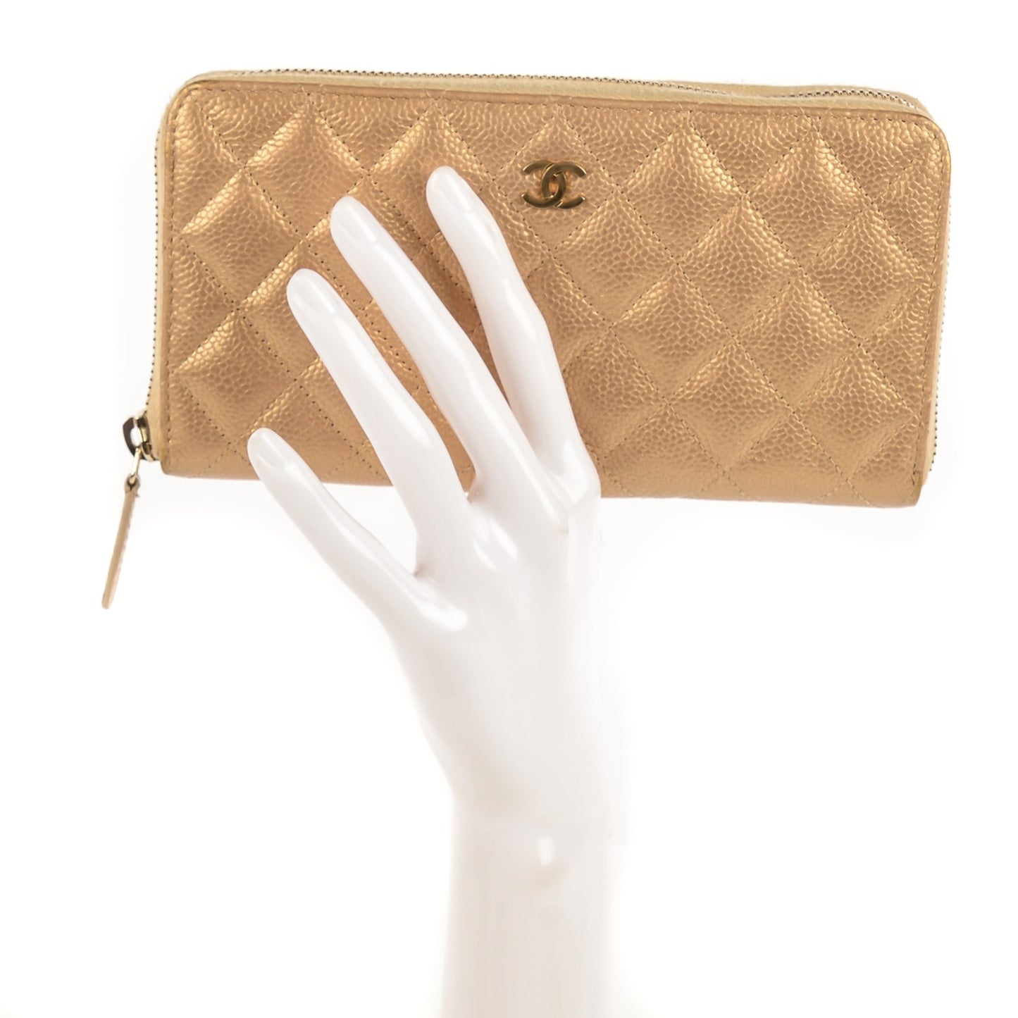 Pearly Caviar Quilted Large Gusset Zip Around Wallet Gold