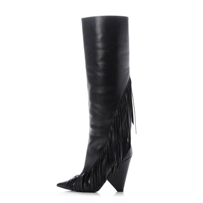 Saint Laurent Calfskin Niki Fringe High Boots 37.5 Black 1 of 8