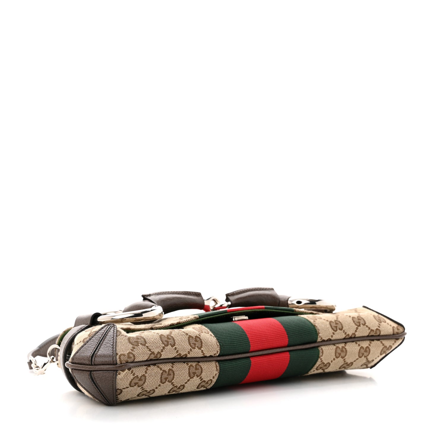 Monogram Textured Dollar Calfskin Heavy Grosgrain Web Medium Maxi Horsebit Chain Shoulder Bag Beige Ebony New Acero