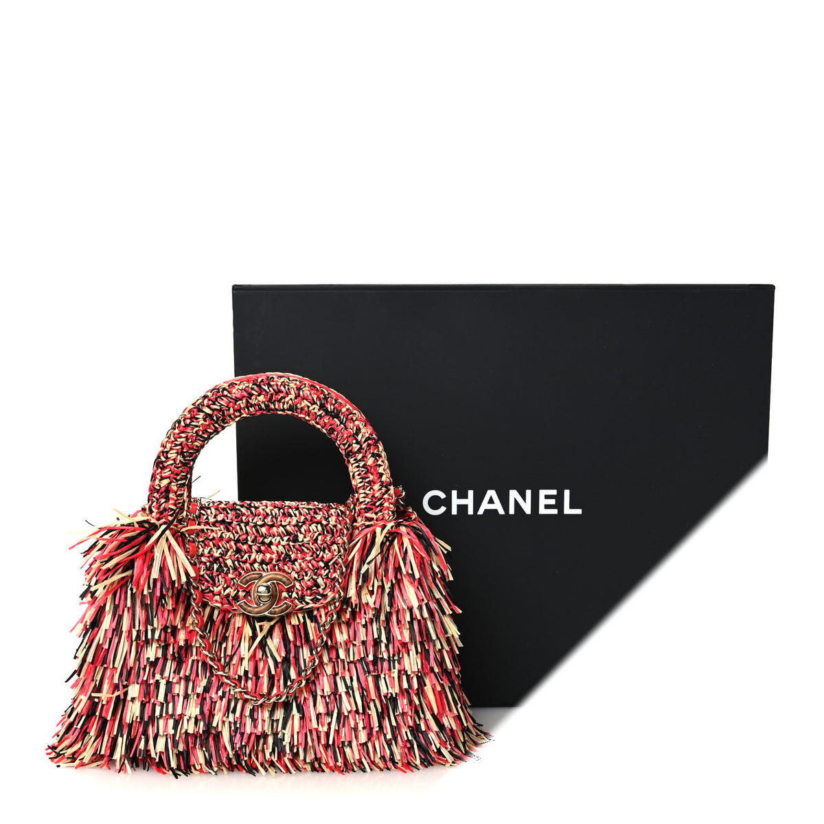 Chanel Raffia Fringe Nano Kelly Shopper Red Beige Black 11 of 11