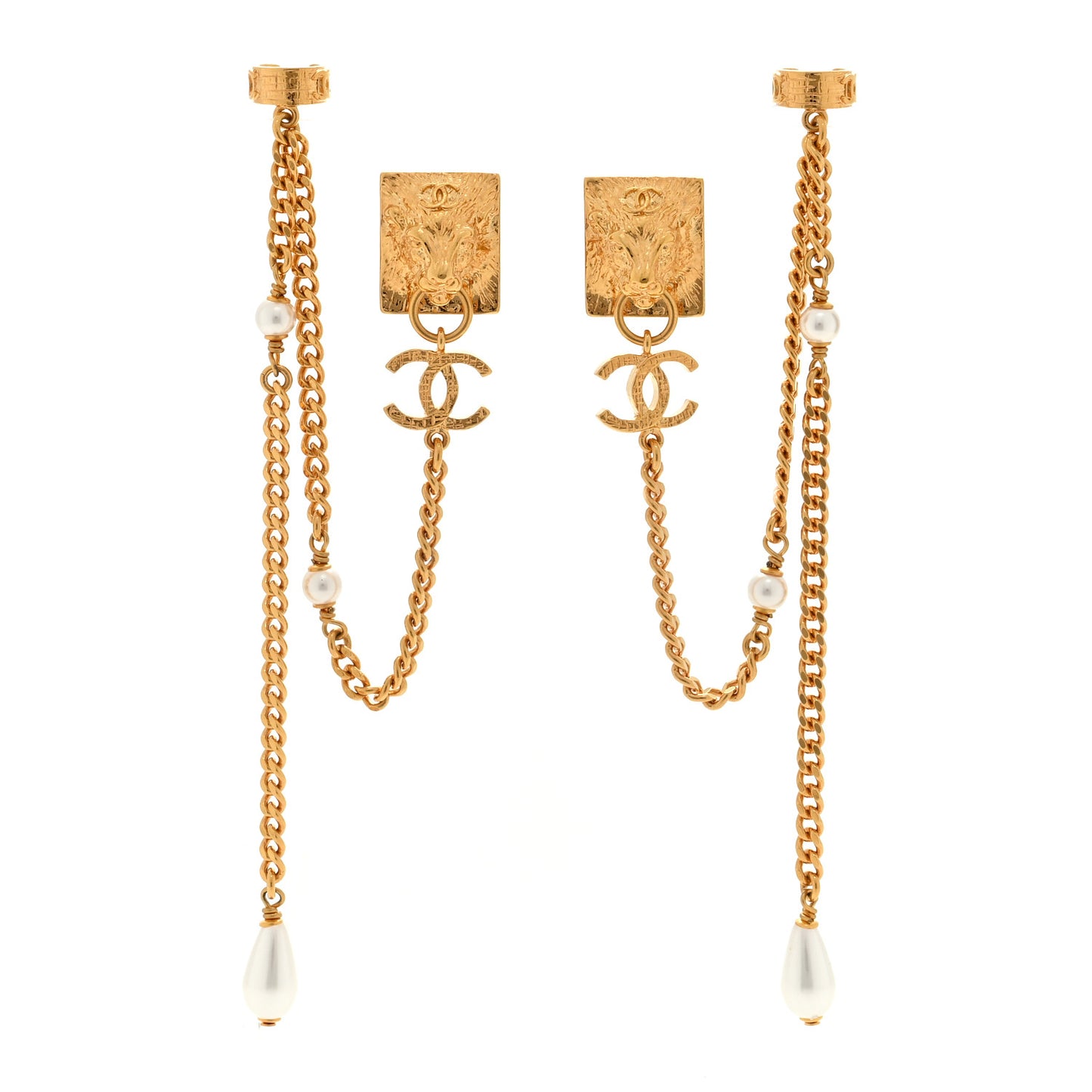 Pearl Lion Head CC Drop Earrings Gold Pearly White