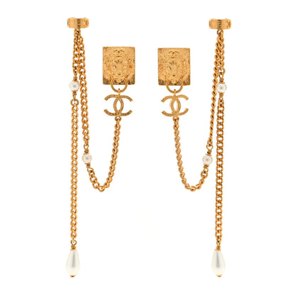 Chanel Pearl Lion Head CC Drop Earrings Gold Pearly White 1 of 4