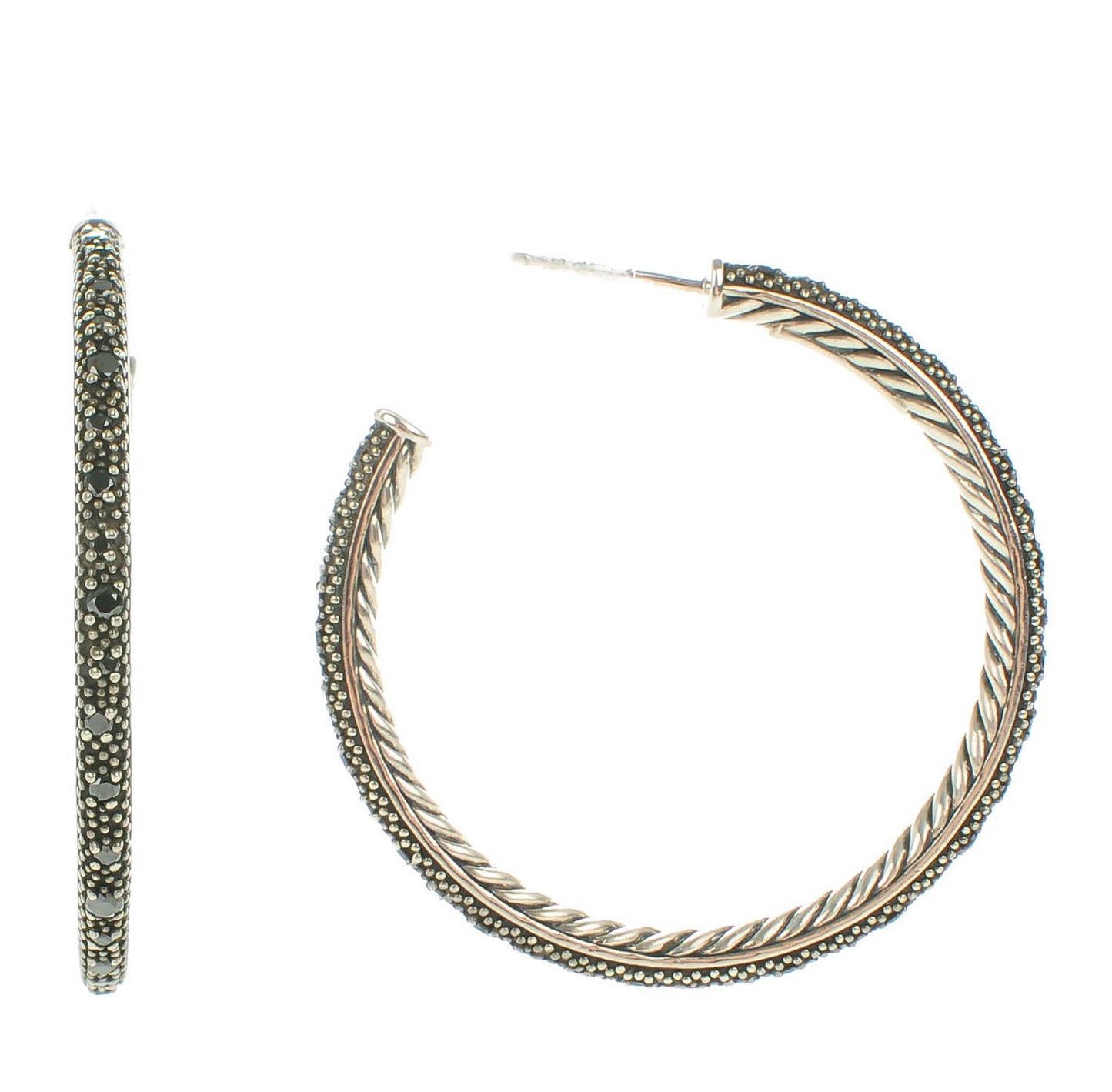 Sterling Silver Pave Black Diamond 42mm Large Midnight Melange Hoop Earrings