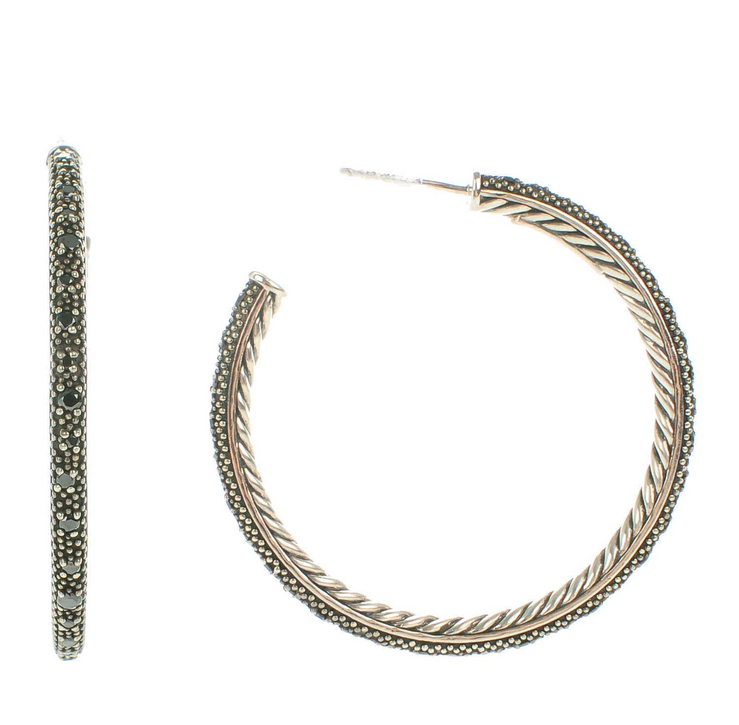 David Yurman Sterling Silver Pave Black Diamond 42mm Large Midnight Melange Hoop Earrings 1 of 5