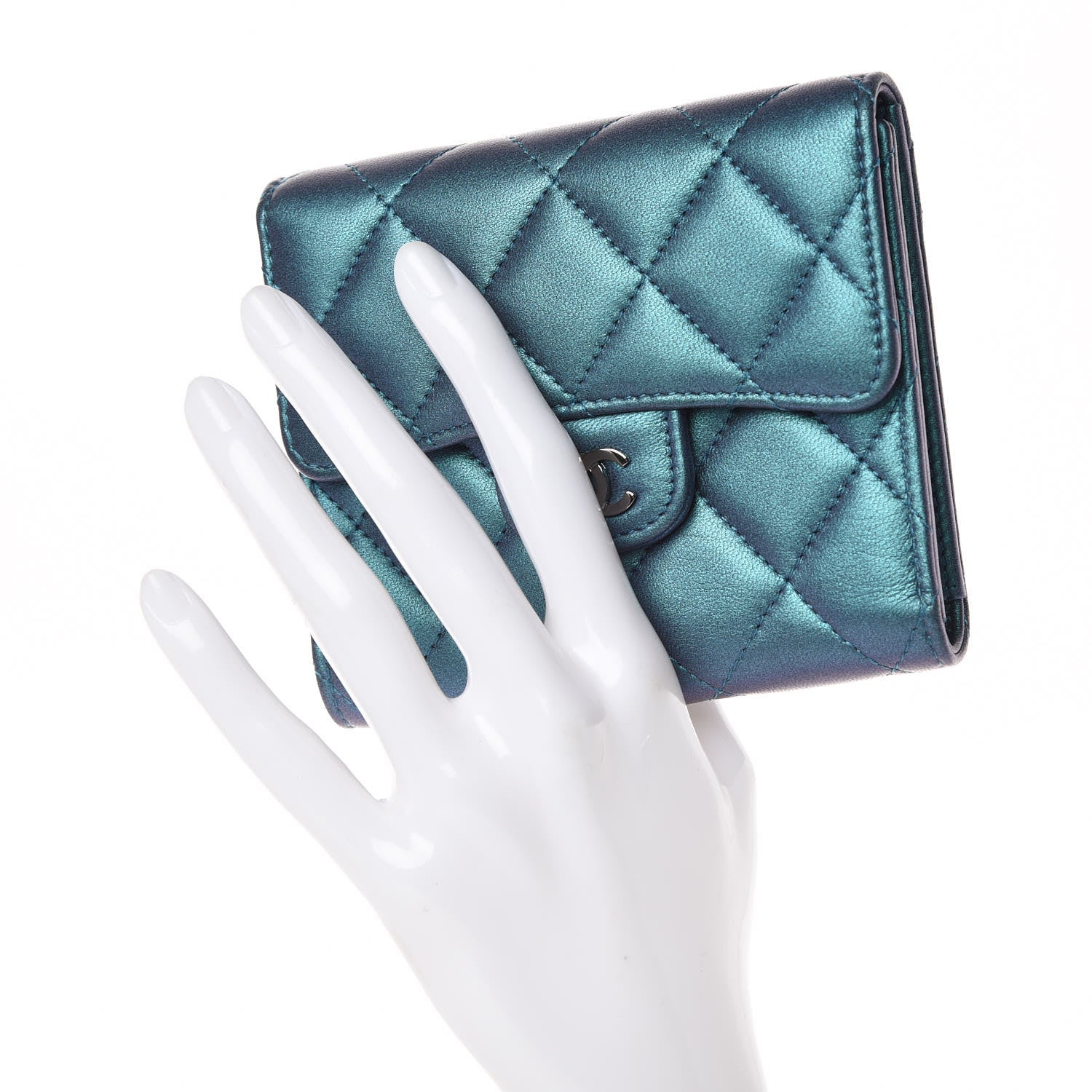 Chanel Iridescent Lambskin Quilted Small Compact Wallet Turquoise 2 of 9