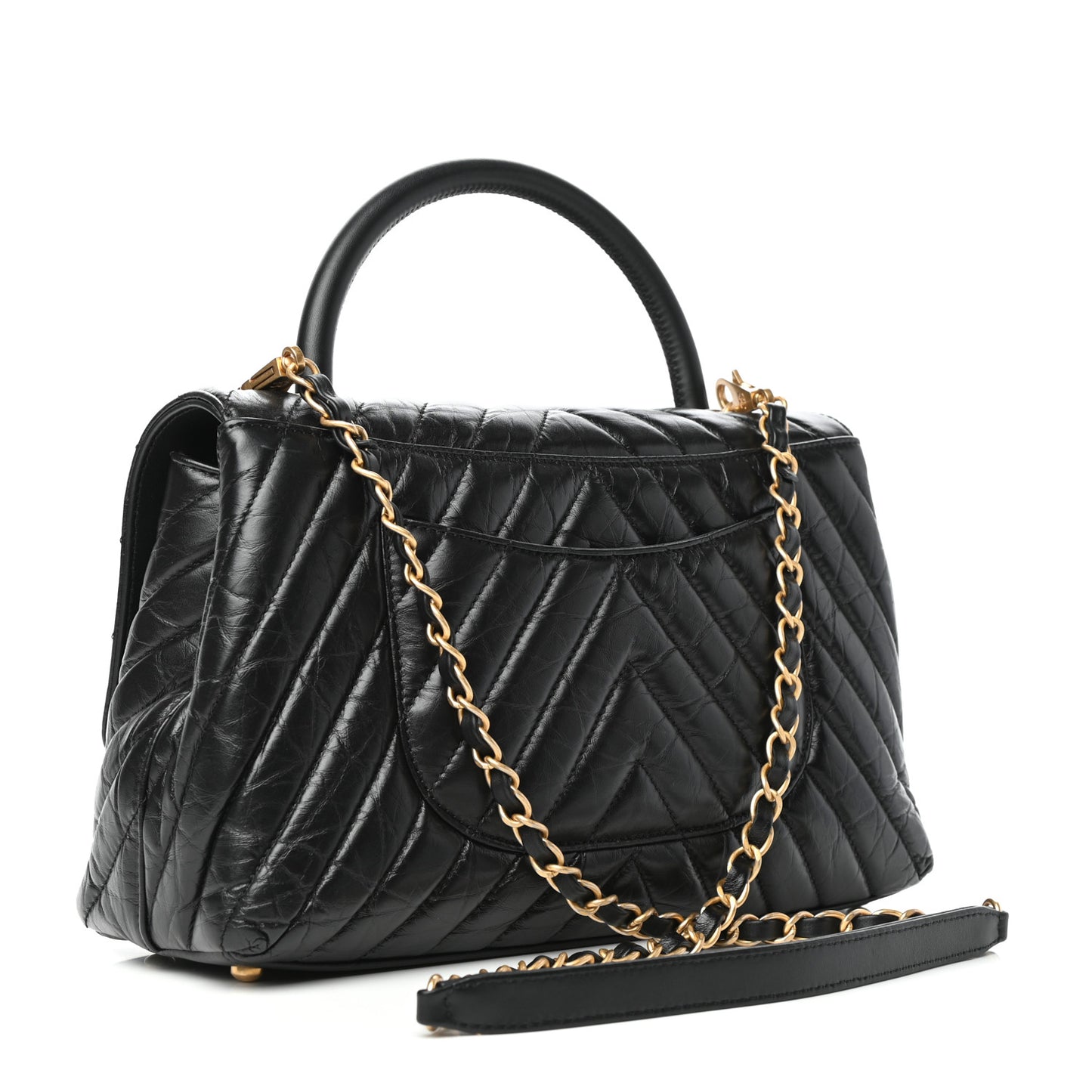 Aged Calfskin Chevron Quilted Small Coco Handle Flap Black