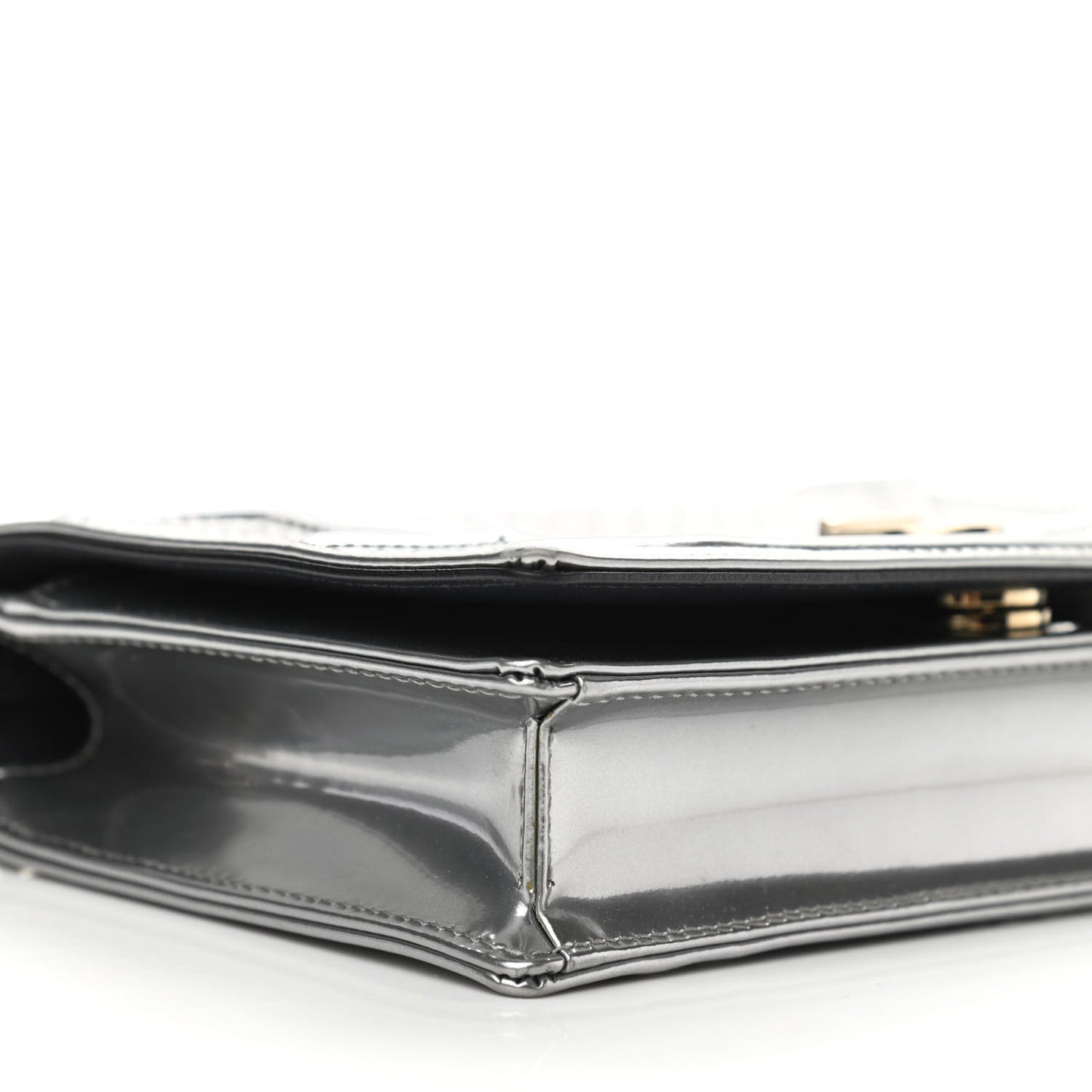 Metallic Patent Micro-Cannage Diorama Wallet on Chain Pouch Silver