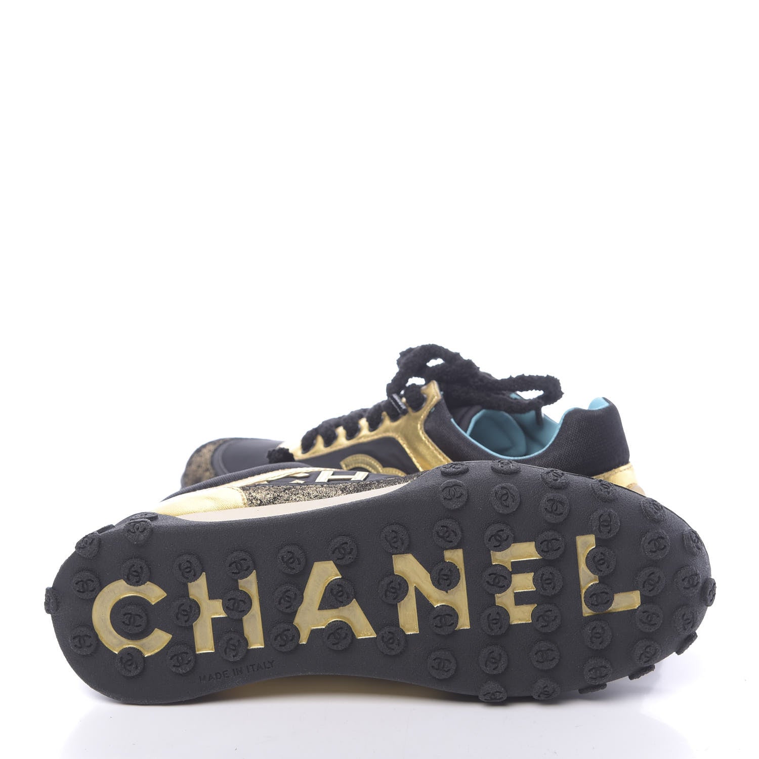 Chanel Metallic Lambskin Satin Finish Womens CC Sneakers 37.5 Black Gold 8 of 9